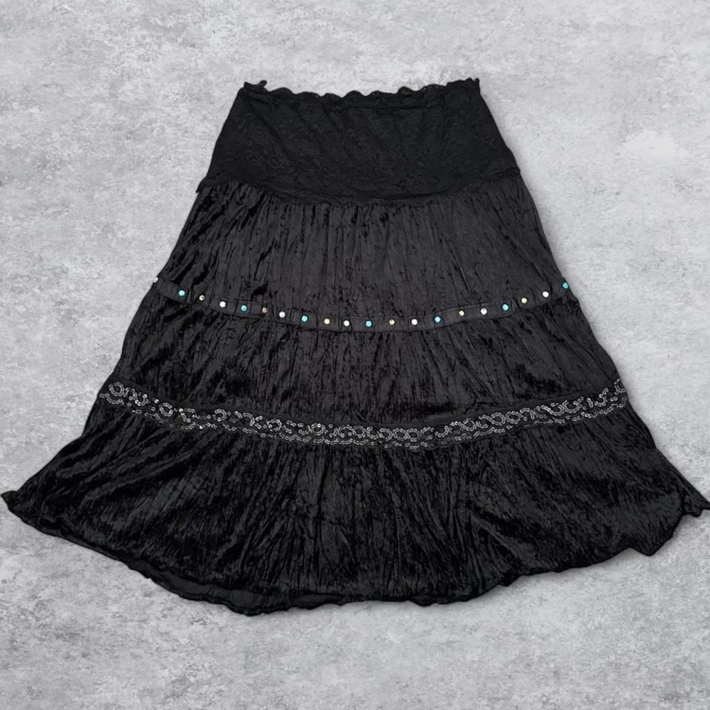 Connection 18 Black Crushed Velvet Lace Waist Midi Skirt Rhinestone‎ Sequin XL